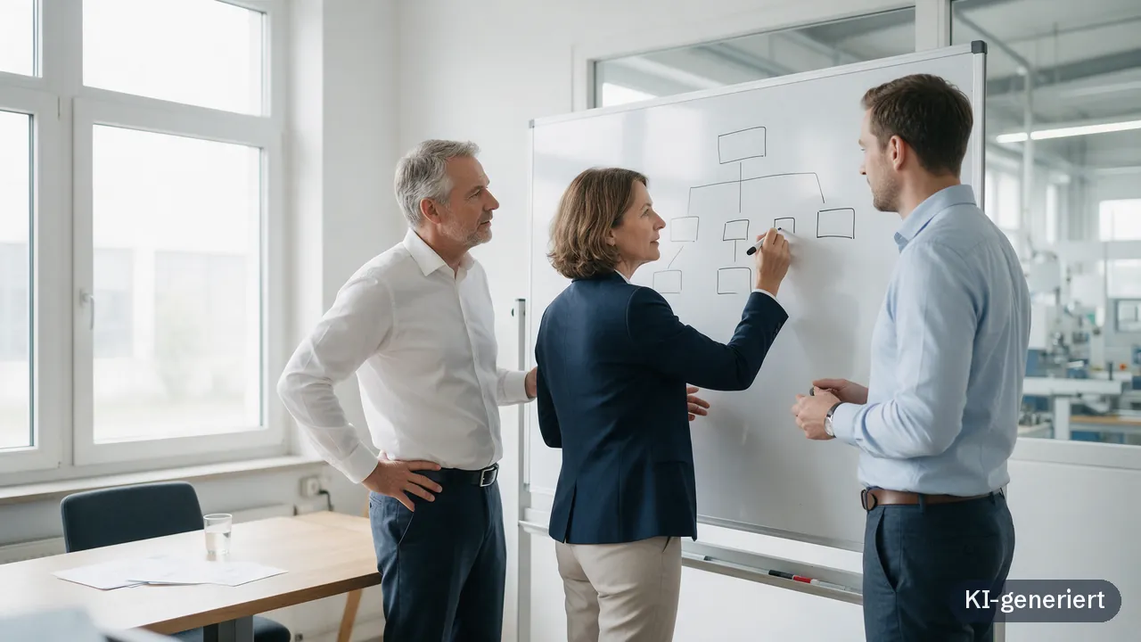 Führungsteam eines mittelständischen Unternehmens skizziert am Whiteboard, wer wofür verantwortlich ist (KI-generiert)