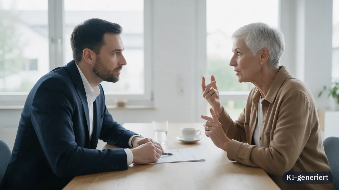 Verkäufer im Gespräch mit der Inhaberin eines Familienunternehmens, zwischen ihnen das Angebot (KI-generiert)